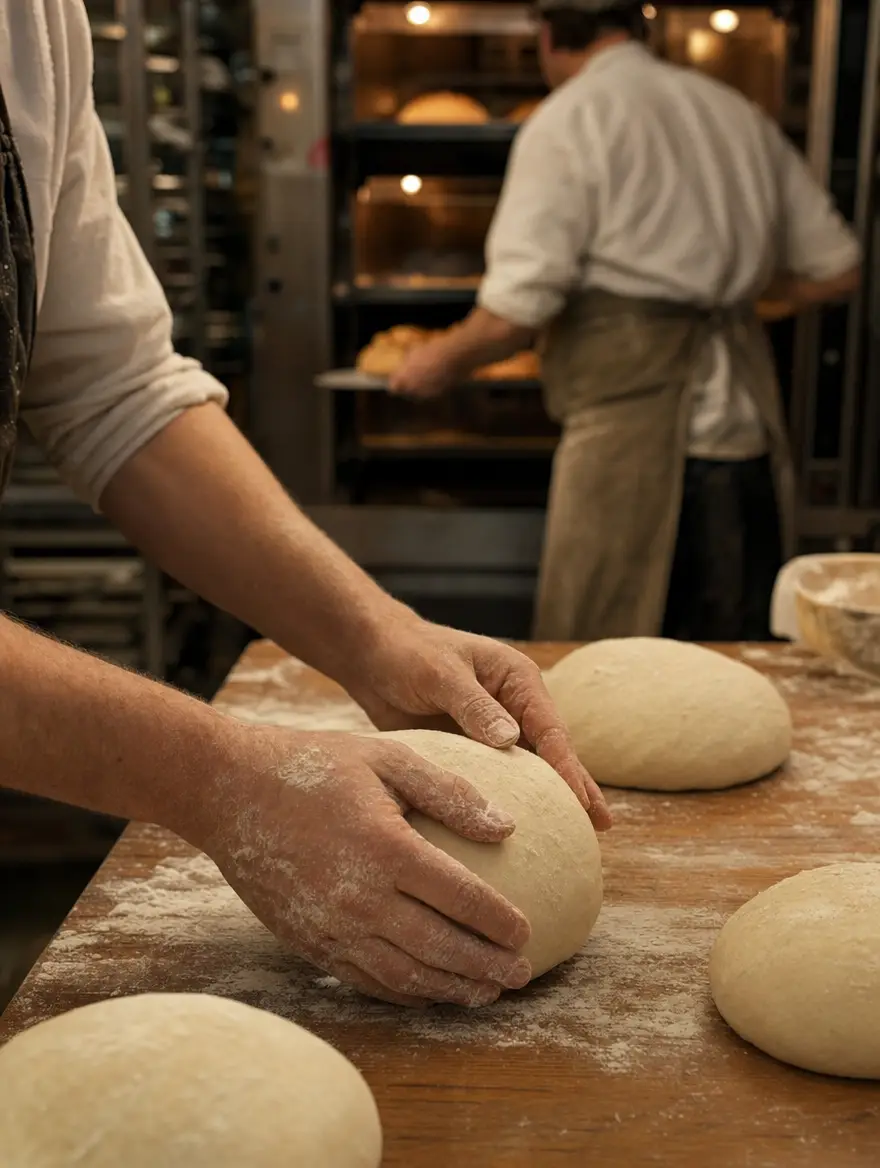 Before dawn: floured hands shaping dough while a baker loads the oven