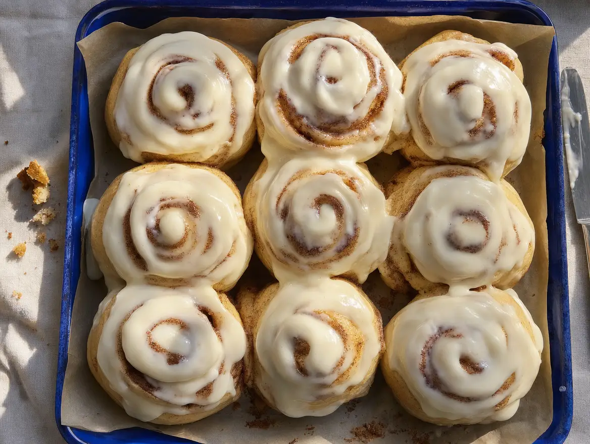 A tray of iced cinnamon rolls from above