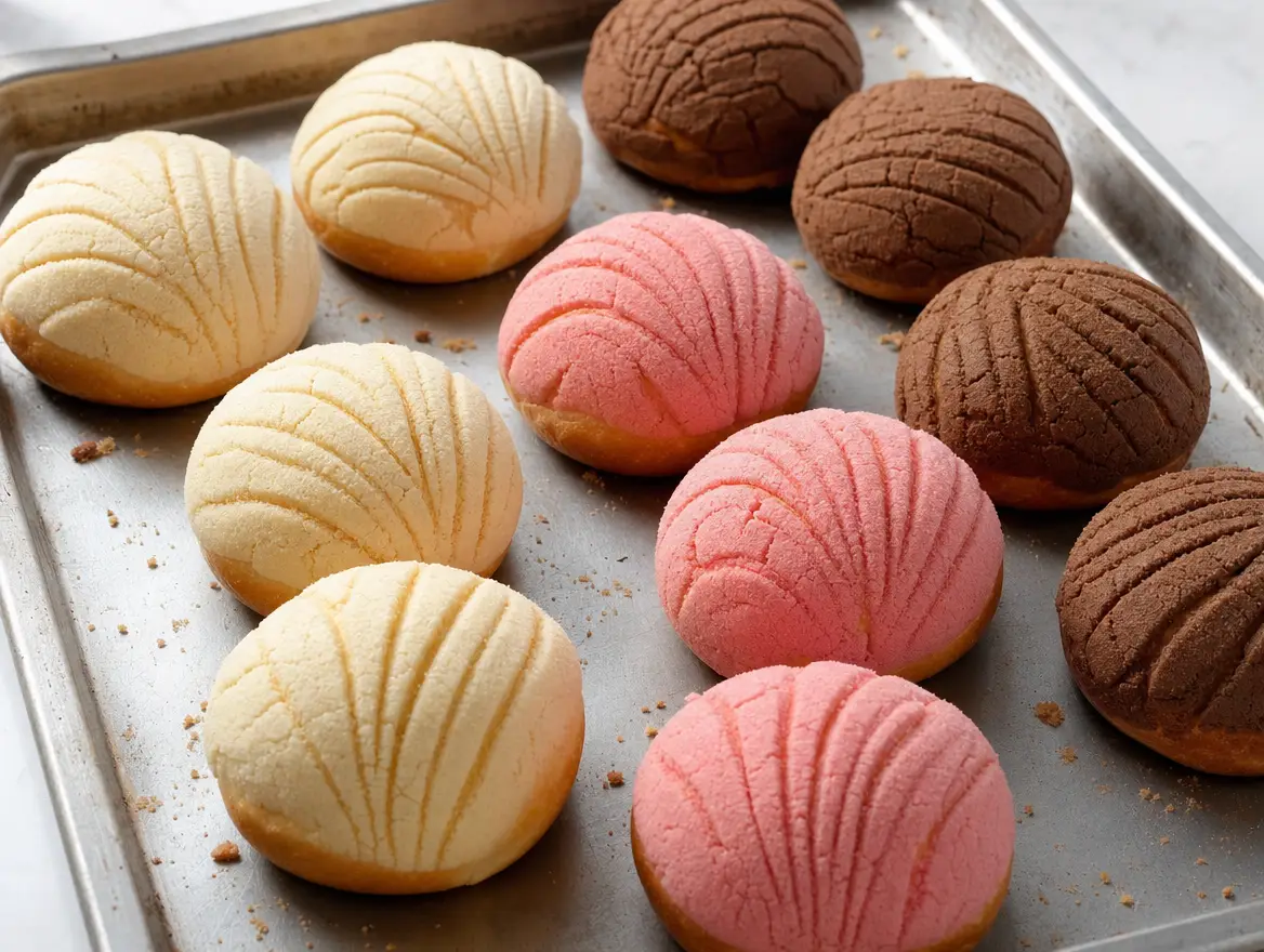 Conchas with vanilla, pink and chocolate sugar tops cooling on a tray