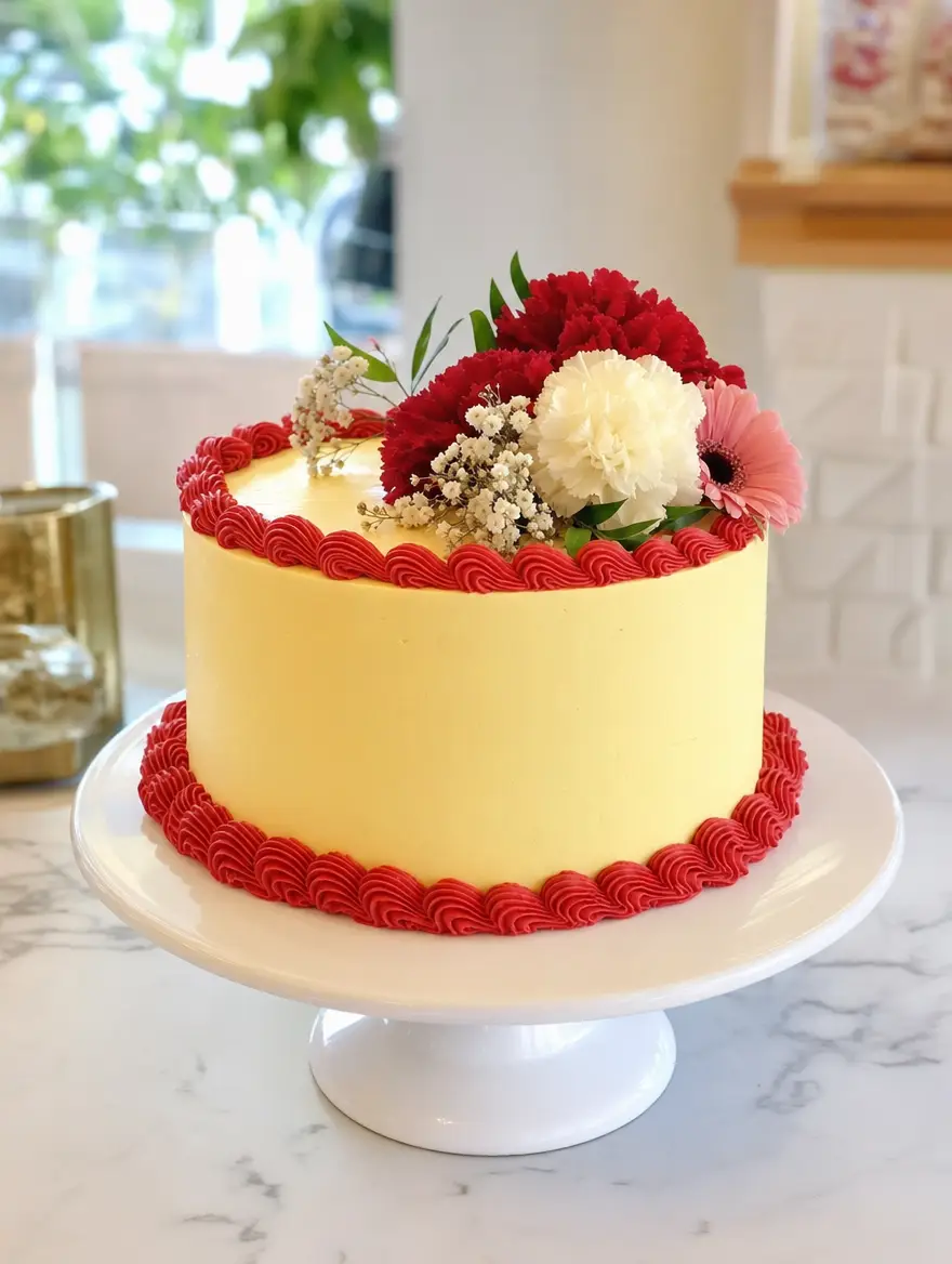 A butter-yellow custom cake with cherry-red trim and fresh flowers
