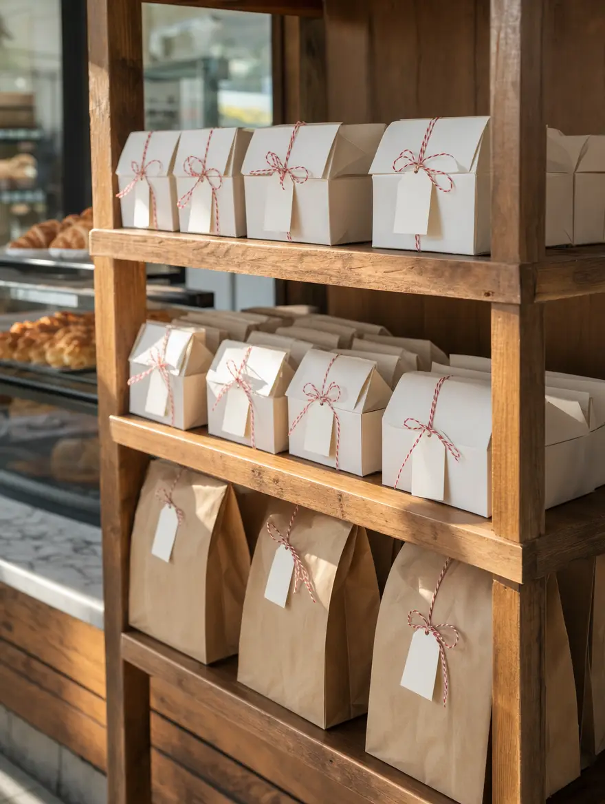 The pickup shelf: boxes and bags tied with red and white twine