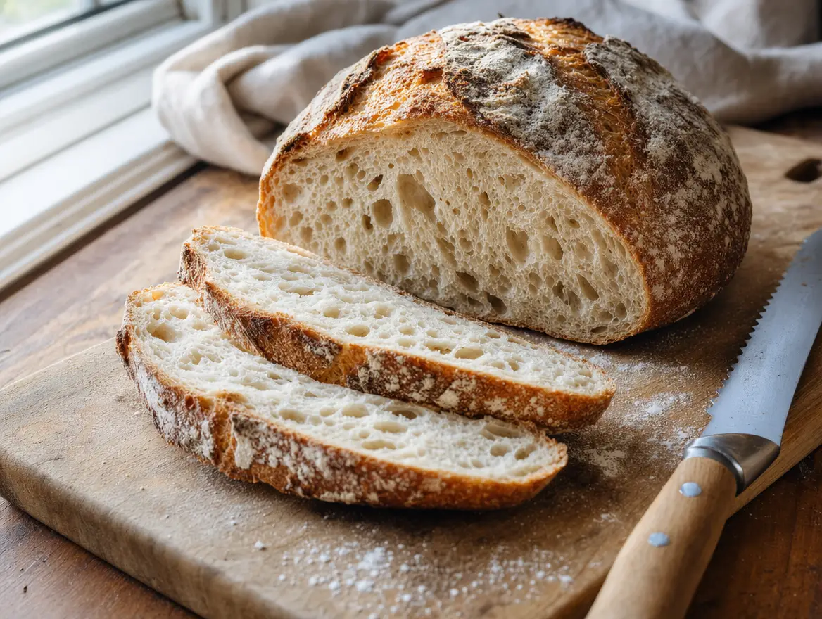 A country sourdough loaf, sliced to show the open crumb
