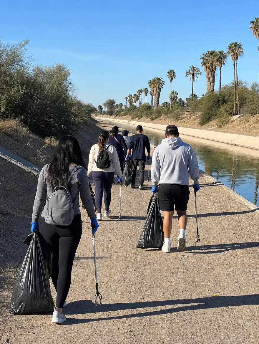 Volunteers seen from behind picking up litter along a palm-lined canal path