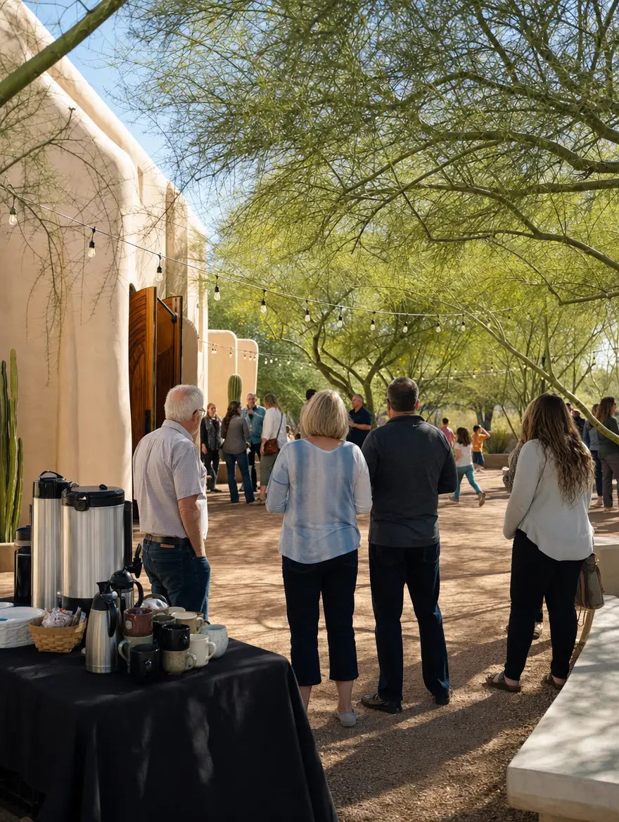 The courtyard after church: string lights, a coffee table and people talking in small groups