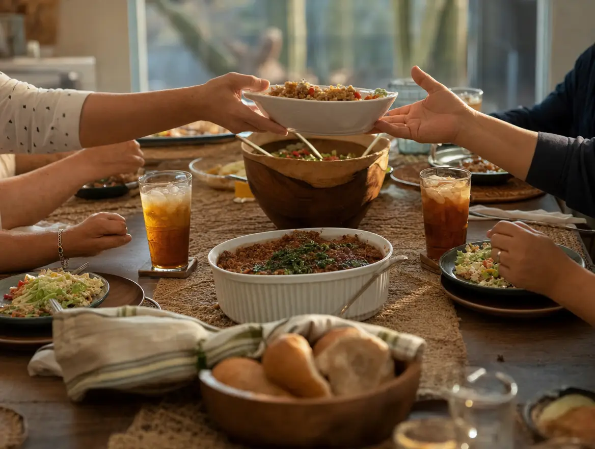 Hands passing dishes around a home group dinner table