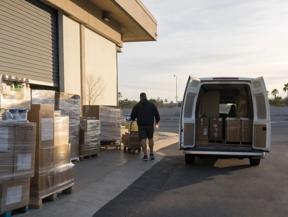 The loading dock at sunrise: pallets of groceries and a van with its doors open