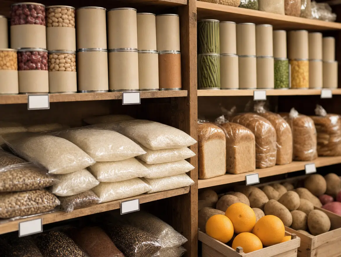 Pantry shelves stocked with canned goods, rice, bread and a crate of oranges and potatoes