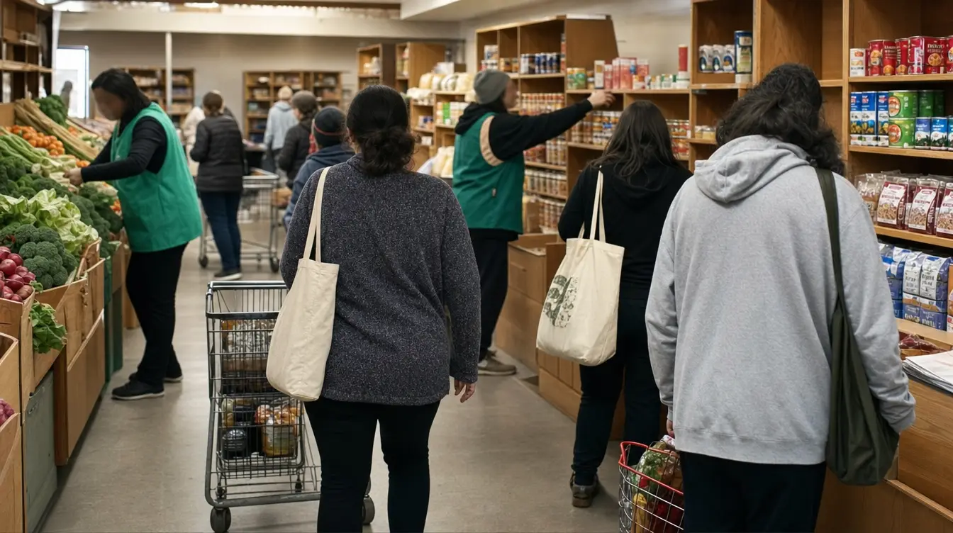 The pantry on a Saturday morning: shoppers with tote bags choosing groceries while volunteers restock shelves