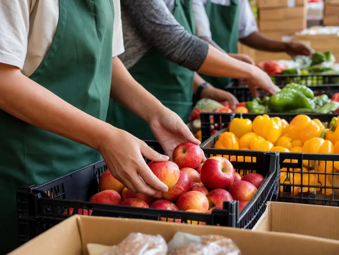 Volunteers in green aprons sorting apples and peppers into crates