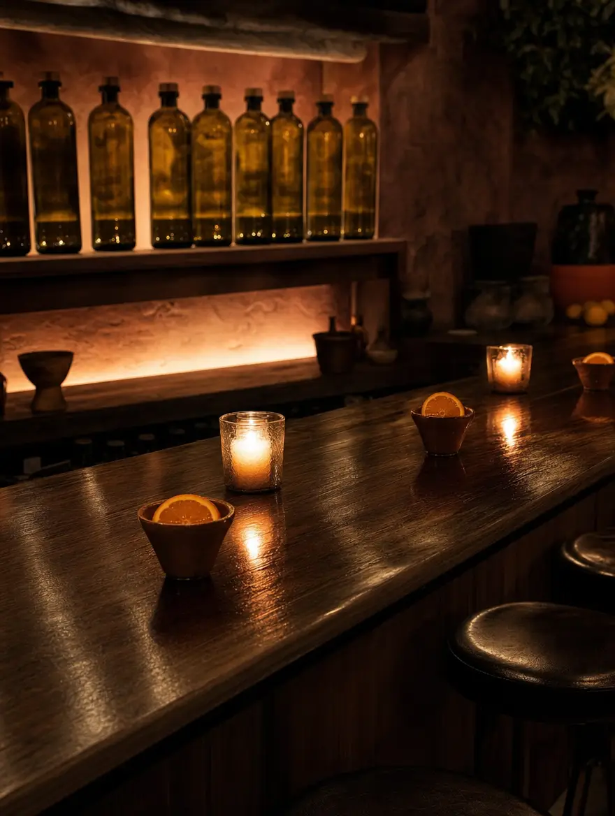 The bar at night: copitas of mezcal with orange slices by candlelight