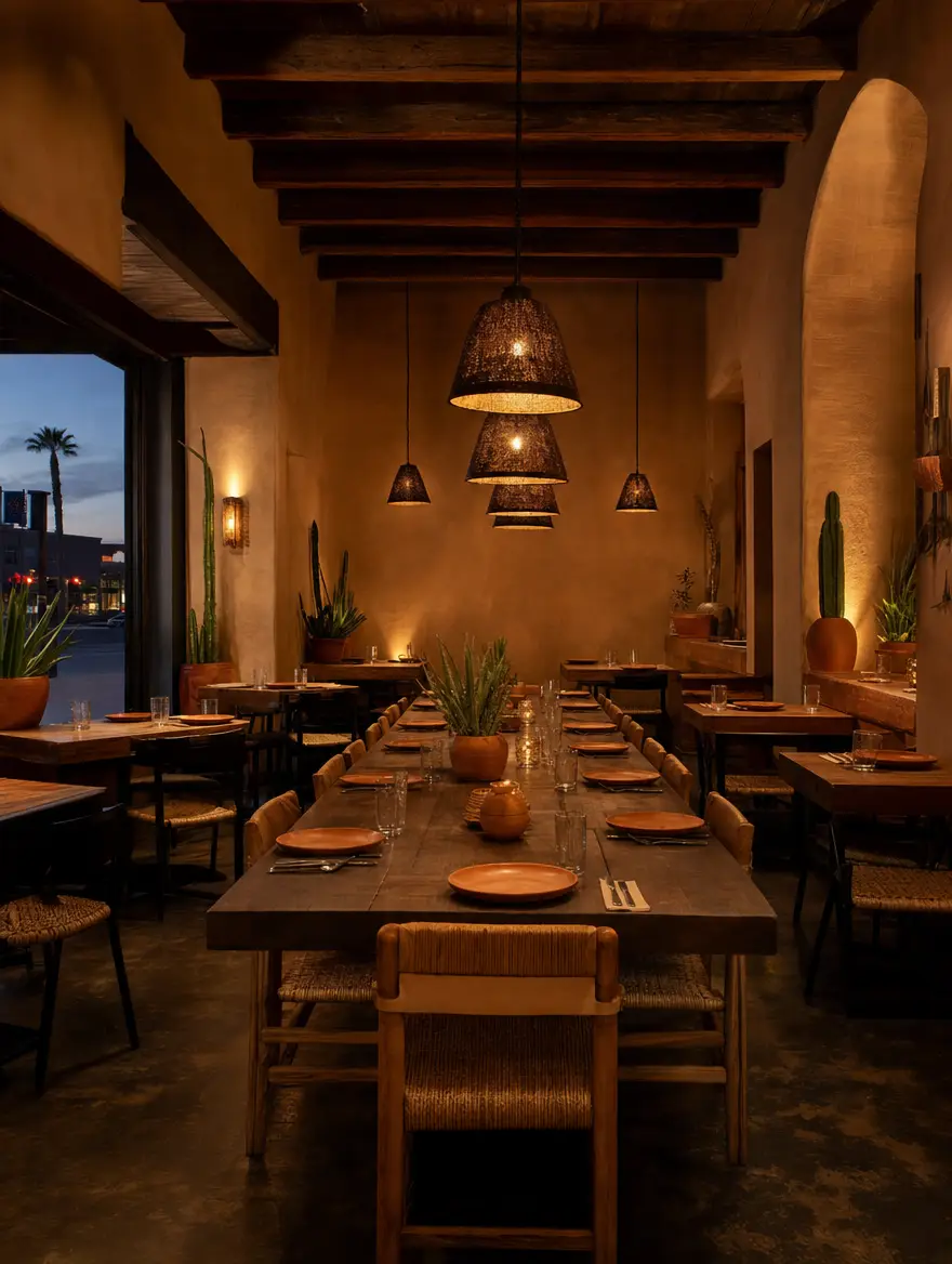 The dining room at dusk: adobe walls, dark wood tables and warm pendant lights