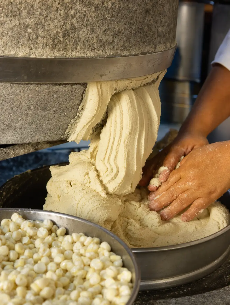 Fresh masa coming off a stone corn mill beside a bowl of corn
