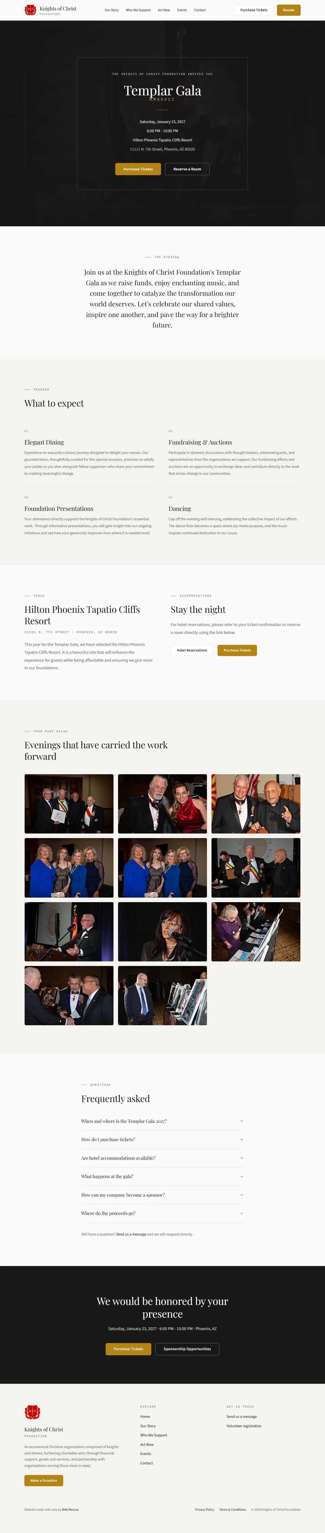 Full-page screenshot of Templar Gala on knightscf.org